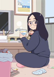 Rule 34 | 1girl, absurdres, aragon honnin, black eyes, black hair, blush, chopsticks, food, from behind, glasses, highres, indoors, looking at viewer, looking back, magazine (object), nissin cup noodle, noodles, original, photo (object), ramen, sitting, smile, solo, steam, trash can, window
