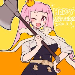 Rule 34 | 1girl, 2020, axe, belt, blunt bangs, cape, crown, dated, do m kaeru, female focus, fire emblem, fire emblem: three houses, garreg mach monastery uniform, happy birthday, hilda valentine goneril, holding, holding axe, long hair, matching hair/eyes, mini crown, nintendo, one eye closed, open mouth, pink eyes, pink hair, simple background, solo, twintails, uniform, wink, yellow background