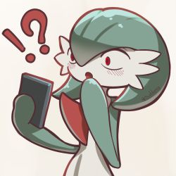 Rule 34 | !?, 1girl, artist name, blush, cellphone, colored skin, constricted pupils, creatures (company), female focus, game freak, gardevoir, gen 3 pokemon, green hair, green skin, hair between eyes, hand to own mouth, hands up, highres, holding, holding phone, multicolored skin, nintendo, open mouth, phone, pokemon, pokemon (creature), red eyes, short hair, signature, simple background, sketch, smartphone, solo, surprised, tsukkon, twitter username, two-tone skin, upper body, white background, white skin, wide-eyed