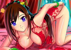 Rule 34 | 1girl, absurdres, all fours, artist name, blue eyes, blush, bottomless, bracelet, breasts, brown hair, china dress, chinese clothes, cleavage, closed mouth, clothes pull, collarbone, curtsey, dress, dress tug, female pubic hair, floral print, hair ornament, hair ribbon, highres, indoors, jewelry, large breasts, light smile, long hair, looking at viewer, nipples, no bra, on bed, open clothes, open dress, original, pubic hair, ribbon, see-through, side slit, signature, skirt, skirt pull, sleeveless, sleeveless dress, solo, tan (knock up), very long hair