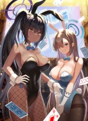 Rule 34 | 2girls, :d, absurdres, ace (playing card), ace of diamonds, asuna (blue archive), asuna (bunny) (blue archive), bare shoulders, black hair, black headband, black leotard, blonde hair, blue archive, blue bow, blurry, blurry background, bow, bowtie, breasts, brown hair, card (medium), closed mouth, covered navel, dark-skinned female, dark skin, detached collar, diamond (shape), fishnet legwear, fishnets, four of clubs, gloves, grey eyes, hair between eyes, hair over one eye, hand on own hip, headband, highleg, highleg leotard, highres, holographic monitor, karin (blue archive), karin (bunny) (blue archive), large breasts, leotard, long hair, looking at viewer, mole, mole on breast, multiple girls, open mouth, outstretched hand, own hands together, pantyhose, parted bangs, playboy bunny, playing card, ponytail, rabbit tail, rahy, ribbon, sidelocks, slit pupils, smile, strapless, strapless leotard, tail, three of diamonds, traditional bowtie, very long hair, white gloves, white headband, wrist cuffs