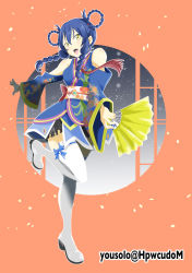 Rule 34 | 1girl, absurdres, alternate hairstyle, angelic angel, artist name, artist request, back bow, bare shoulders, blue bow, blue hair, blue kimono, blue skirt, blush, boots, bow, bow legwear, braid, breasts, clothing cutout, detached sleeves, female focus, floating hair, floral print, flower, flower print, full body, hair between eyes, hair ornament, hair rings, hair tie, hand fan, high heel boots, high heels, highres, holding, holding fan, japanese clothes, kimono, kimono skirt, long hair, looking at viewer, love live!, love live! school idol festival, love live! school idol project, miniskirt, obi, orange background, parted lips, plaid, plaid kimono, plaid skirt, pleated, pleated skirt, red bow, sash, short kimono, shoulder cutout, skirt, skirt under kimono, small breasts, smile, solo, sonoda umi, standing, standing on one leg, thigh boots, twin braids, wavy hair, white footwear, white legwear, wide sleeves, yellow eyes