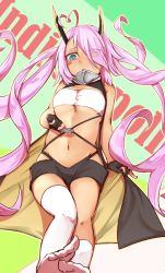 Rule 34 | 1girl, azur lane, bandeau, black gloves, blue eyes, breasts, cleavage, e  mishi, fingerless gloves, gloves, heterochromia, horns, indianapolis (azur lane), long hair, looking at viewer, midriff, navel, pink hair, solo, very long hair, yellow eyes