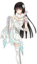 Rule 34 | 1girl, black hair, boots, breasts, cross-laced footwear, dress, feather boa, flower, garter straps, gauntlets, gloves, hair ornament, lace-up boots, long hair, melanie malachite, mikitaka, piw (piwpiww), rwby, simple background, skirt, solo, standing, standing on one leg, thigh boots, thighhighs, white background, zettai ryouiki