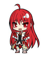 Rule 34 | ahoge, armored boots, bare shoulders, blush, boots, braid, chibi, collarbone, detached sleeves, elesis (elsword), elsword, flat color, french braid, full body, grand master (elsword), hands on own hips, highres, long hair, red eyes, red hair, simple background, smile, solo, split mouth, standing, very long hair, white background, zetsuei (zetto)