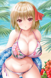 Rule 34 | 1girl, :o, aged up, akino irori, arms behind back, beach, bikini, blonde hair, blush, breasts, brown eyes, cleavage, cloud, collarbone, commentary request, contrapposto, cowboy shot, day, floral print, flower, hair ribbon, halterneck, highres, innertube, large breasts, looking at viewer, medium hair, o-ring, o-ring top, palm leaf, parted lips, red ribbon, ribbon, rumia, shore, side-tie bikini bottom, side-tie bottom, sky, solo, swim ring, swimsuit, touhou, water