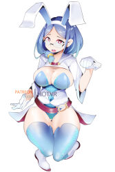 Rule 34 | 1girl, alternate breast size, animal ears, arm support, belt, blue hair, blue pants, breasts, cleavage, commentary, english commentary, english text, fake animal ears, from above, full body, glasses, hot vr, large breasts, leotard, little witch academia, navel, open mouth, pants, pixiv username, playboy bunny, rabbit ears, red belt, rimless eyewear, short hair, simple background, solo, swept bangs, teeth, upper teeth only, ursula callistis, white background, white footwear, wrist cuffs