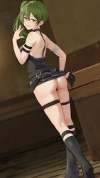Rule 34 | 1girl, absurdres, arm strap, ass, black dress, black footwear, boots, clothes lift, commentary request, dress, dress lift, gibun (sozoshu), green hair, hair between eyes, halterneck, hand up, highres, indoors, knee boots, lifted by self, long hair, looking at viewer, looking back, no panties, parted lips, purple eyes, side ponytail, sleeveless, sleeveless dress, smile, solo, sousou no frieren, thigh strap, ubel (sousou no frieren)
