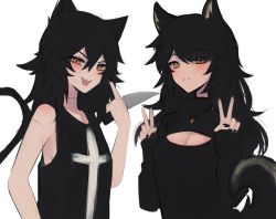 Rule 34 | 2girls, absurdres, animal ears, black hair, black tank top, blush, breasts, cat ears, cat girl, cat tail, cleavage, cleavage cutout, clothing cutout, daiishori, dog ears, dog girl, dog tail, double v, forked tongue, highres, holding, holding knife, knife, long hair, looking at viewer, medium breasts, middle finger, multiple girls, original, scar, scar on arm, scar on neck, simple background, small breasts, tail, tank top, tongue, tongue out, upper body, v, white background, yellow eyes