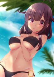 Rule 34 | 10s, 1girl, ahoge, alternate costume, arm at side, arm between breasts, bad id, bad pixiv id, bandeau, between breasts, bikini, blush, breasts, covered erect nipples, day, eyebrows, from below, groin, hair flaps, highres, kantai collection, large breasts, lens flare, long hair, looking at viewer, navel, navy (navy.blue), o-ring, o-ring bikini, o-ring bottom, o-ring top, outdoors, palm leaf, palm tree, purple hair, red eyes, shiny skin, skindentation, solo, swimsuit, taigei (kancolle), tree, underboob, upper body, wavy mouth