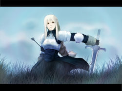 Rule 34 | 1girl, agrias oaks, armor, arrow (projectile), blauer, blonde hair, blood, blue sky, braid, braided ponytail, corset, day, female focus, final fantasy, final fantasy tactics, gloves, grass, holding, holding sword, holding weapon, knight, letterboxed, long hair, low-tied long hair, pauldrons, plant, shoulder armor, sidelocks, single braid, sky, solo, standing, sword, weapon