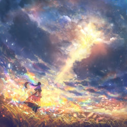 Rule 34 | 1girl, black hair, braid, braided ponytail, cloud, cloudy sky, day, dutch angle, facing away, feathers, floating hair, grass, lens flare, light rays, low ponytail, original, outdoors, plant, rainbow, robe, sakimori (hououbds), scenery, single braid, sky, solo, standing, sunbeam, sunlight, wide shot