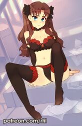 Rule 34 | 1girl, :t, absurdres, bare shoulders, black bra, black choker, black panties, black ribbon, black thighhighs, blue eyes, bra, breasts, brown hair, choker, cleavage, commentary, detached sleeves, fate/stay night, fate (series), full body, hair ribbon, highres, indoors, lingerie, long hair, looking at viewer, medium breasts, navel, no shoes, panties, paper, patreon username, pout, ribbon, rtil, sidelocks, sitting, solo, spread legs, stairs, thighhighs, toes, tohsaka rin, twintails, underwear, underwear only