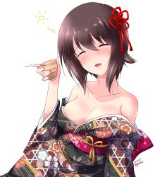 Rule 34 | 1girl, alcohol, artist name, bare shoulders, blush, breasts, brown hair, cleavage, closed eyes, collarbone, dated, drunk, girls und panzer, hair ornament, hair ribbon, highres, japanese clothes, kuzuryuu kennosuke, large breasts, nishizumi maho, open mouth, ribbon, sake, shiny skin, short hair, simple background, smile, solo, squeans, white background