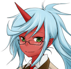 Rule 34 | 10s, 1girl, beni shouga, blue hair, blush, colored skin, fang, glasses, green eyes, horns, kneesocks (psg), long hair, looking at viewer, lowres, necktie, panty &amp; stocking with garterbelt, ponytail, portrait, red skin, simple background, single horn, solo, upper body, white background