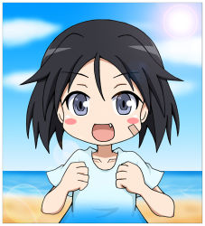 Rule 34 | 10s, 1girl, alternate costume, bandaid, bandaid on face, beach, bertsr, black eyes, black hair, blush, blush stickers, border, brave witches, casual, clenched hands, collarbone, day, fang, hands up, happy, highres, kanno naoe, lens flare, looking at viewer, ocean, open mouth, outdoors, shirt, short hair, solo, sun, sunlight, t-shirt, upper body, water, world witches series, aged down