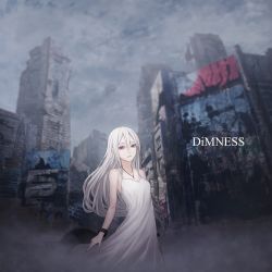 Rule 34 | armlet, breasts, building, cityscape, cloud, cloudy sky, commentary request, dress, english text, hair between eyes, highres, jewelry, long hair, looking at viewer, necklace, open hand, open mouth, original, post-apocalypse, purple eyes, ruins, sky, small breasts, solo, standing, sugi 214, upper body, white dress, white hair