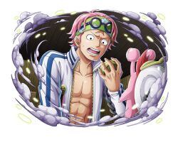 Rule 34 | 1boy, abs, collarbone, commentary, den den mushi, english commentary, glasses, headband, holding, holding phone, koby (one piece), long sleeves, male focus, marine uniform (one piece), official art, one piece, one piece treasure cruise, open clothes, open mouth, phone, pink hair, short hair, sweatdrop, talking on phone, teeth, toned, toned male