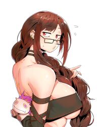 Rule 34 | black-framed eyewear, black dress, blush, breasts, brown hair, dress, ear piercing, earrings, fate/grand order, fate (series), highres, jewelry, large breasts, long hair, looking to the side, minew, multiple earrings, multiple piercings, piercing, revealing clothes, ribbon-trimmed dress, striped bodysuit, vertical-striped bodysuit, very long hair, white background, yu mei-ren (fate)
