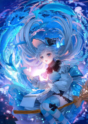 Rule 34 | 1girl, air bubble, back bow, bare shoulders, blue bow, blue dress, blue eyes, blue theme, blue thighhighs, blush, bow, bubble, dolphin, dot nose, dress, feet out of frame, floating hair, grey hair, grey hat, hat, hat bow, highres, holding, holding notebook, holding paintbrush, invisible chair, jellyfish, komorihikki, legs together, long hair, long sleeves, notebook, off-shoulder dress, off shoulder, open mouth, original, paintbrush, puffy long sleeves, puffy sleeves, raised eyebrows, short dress, sitting, solo, star (symbol), striped clothes, striped thighhighs, teeth, thighhighs, upper teeth only, white thighhighs, witch, witch hat