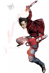Rule 34 | 1boy, absurdres, dual wielding, energy sword, grasshopper manufacture, highres, holding, kozaki yuusuke, lightsaber, male focus, no more heroes, no more heroes 2, official art, solo, sunglasses, sword, travis touchdown, weapon