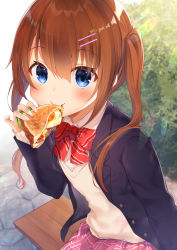 Rule 34 | 1girl, bench, black jacket, blazer, blue eyes, blurry, blurry background, blush, bow, brown hair, brown sweater, closed mouth, collared shirt, commentary request, day, depth of field, diagonal stripes, food, gyozanuko, hair between eyes, highres, holding, holding food, jacket, long hair, long sleeves, on bench, open clothes, open jacket, original, outdoors, pleated skirt, red bow, red skirt, sandwich, sandwiched, school uniform, shirt, sitting, skirt, sleeves past wrists, smile, solo, striped, striped bow, sweater, twintails, white shirt