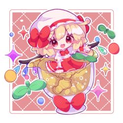 Rule 34 | 1girl, ascot, bat wings, blonde hair, chibi, cup, flandre scarlet, hat, hat ribbon, inukkomaru, leaf, mob cap, multicolored wings, one side up, puffy short sleeves, puffy sleeves, red eyes, red skirt, red vest, ribbon, short sleeves, side ponytail, skirt, skirt set, star (symbol), touhou, vest, white hat, wings, yellow ascot
