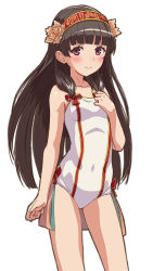 Rule 34 | 1girl, absurdres, atelier (series), atelier shallie, bare arms, bare shoulders, black hair, blush, breasts, casual one-piece swimsuit, closed mouth, collarbone, covered navel, fingernails, gluteal fold, hairband, hand on own chest, hand up, highres, long hair, nyama, one-piece swimsuit, purple eyes, red hairband, shallistera (atelier), simple background, small breasts, smile, solo, swimsuit, very long hair, white background, white one-piece swimsuit