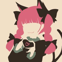 Rule 34 | :3, animal ears, black dress, black fur, black ribbon, braid, cat ears, cat girl, cat tail, collar, commentary, dress, english commentary, finger heart, frilled collar, frilled dress, frilled sleeves, frills, hair ribbon, heart, highres, juliet sleeves, kaenbyou rin, limited palette, long hair, long sleeves, maskin mei, minimalism, multiple tails, puffy sleeves, red hair, ribbon, simple background, smile, tail, touhou, twin braids, two tails, vector art
