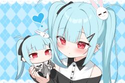Rule 34 | !, 1girl, :o, bare shoulders, black bow, black jacket, blue background, blue hair, blush, border, bow, character doll, collared shirt, commentary request, doll, dress shirt, ear piercing, hair bow, hair ornament, hairclip, heart, highres, holding, holding doll, jacket, kanae (tsukiman), lace, lace border, long hair, off-shoulder jacket, off shoulder, original, ornate border, parted lips, piercing, plaid, plaid background, rabbit hair ornament, red eyes, shirt, sleeveless, sleeveless shirt, solo, tsukiman, twintails, upper body, white shirt