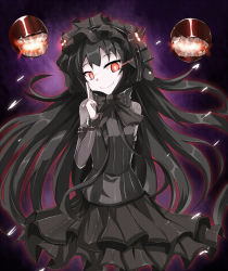 Rule 34 | 10s, 1girl, abyssal ship, bin1998, black hair, gothic lolita, isolated island oni, kantai collection, lolita fashion, long hair, looking at viewer, pale skin, red eyes, smile, solo