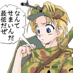 Rule 34 | 1girl, annoyed, between breasts, blonde hair, blue eyes, breasts, camouflage, cannon, gun, jagdpanzer 38(t), kirio (ccr00235), lowres, mecha musume, mg 34, military, military vehicle, motor vehicle, oekaki, original, personification, shirt tug, short hair, simple background, solo focus, strap between breasts, tank, tank destroyer, upper body, vehicle, visor cap, weapon, wehrmacht, white background, world war ii
