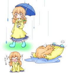 Rule 34 | 1girl, alternate costume, blonde hair, blush, boots, braid, coat, commentary, crying, d:, dress, faceplant, falling, kirisame marisa, long hair, marikichi aniki, messy hair, multiple views, open mouth, puddle, rain, raincoat, rock, rubber boots, single braid, smile, tears, touhou, translated, tripping, umbrella, wet, wet clothes, yellow eyes