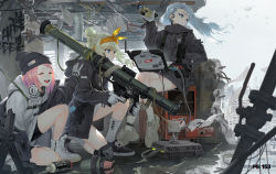 Rule 34 | 3girls, beanie, binoculars, blonde hair, blue hair, bunker buster, ch-47 chinook, closed eyes, commentary, computer, electronic firearm, girls&#039; frontline, gloves, graffiti, grey gloves, gun, hairband, happy, hat, headphones, headphones around neck, helicopter, highres, holding, holding gun, holding weapon, laptop, long hair, long hoodie, man-portable anti-tank systems, missile, mk 153 (girls&#039; frontline), mk 153 shoulder-launched multipurpose assault weapon, mk 153 smaw, multiple girls, official art, pink hair, rocket launcher, ruins, short hair, terras, trigger discipline, weapon