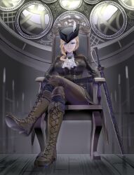 1girl absurdres architecture ascot azur_lane blonde_hair bloodborne blue_eyes boots brooch cape chair coat cosplay cross-laced_footwear crossed_legs gem gloves gothic_architecture hat hat_feather highres hood_(azur_lane) jewelry knee_boots lace-up_boots lady_maria_of_the_astral_clocktower lady_maria_of_the_astral_clocktower_(cosplay) long_hair looking_at_viewer own_hands_together rakuyo_(bloodborne) sheath sheathed sitting smile solo suprii sword tricorne victorian weapon