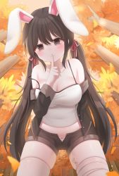 Rule 34 | 1girl, absurdres, animal ears, bandaged leg, bandages, bare shoulders, black eyes, black hair, black jacket, black shorts, breasts, bunny-chan (honyang), camisole, cleavage, commission, covered navel, cowboy shot, crop top, finger to mouth, hair ribbon, highres, honyang, index finger raised, jacket, large breasts, long hair, long sleeves, looking at viewer, low twintails, micro shorts, midriff, off shoulder, open clothes, open fly, open jacket, original, panties, panty peek, rabbit ears, ribbon, shirt, short shorts, shorts, shushing, single thighhigh, skindentation, sleeveless, sleeveless shirt, smile, solo, spaghetti strap, strap slip, thighhighs, thighs, twintails, underwear, very long hair, white panties, white shirt, white thighhighs
