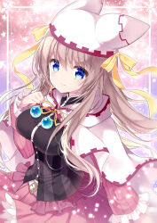 Rule 34 | 1girl, animal ear headwear, arm at side, belt, black shirt, blue eyes, blush, breasts, brown hair, cape, clenched hand, closed mouth, commentary request, commission, cowboy shot, fake animal ears, floating hair, frilled sleeves, frills, hair between eyes, hand up, hat, hat ribbon, kotoji, large breasts, light particles, long hair, long sleeves, looking at viewer, magical girl, pink background, pink skirt, pink sleeves, pleated skirt, ribbon, sanoba witch, shiiba tsumugi, shirt, sidelocks, simple background, skeb commission, skirt, smile, solo, split mouth, star (symbol), straight hair, striped clothes, striped shirt, vertical-striped clothes, vertical-striped shirt, very long hair, white belt, white cape, white hat, wide sleeves, yellow ribbon