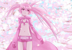 Rule 34 | 1girl, 32zzz, alternate eye color, alternate hair color, black rock shooter, black rock shooter (character), bra, cherry blossoms, choker, flat chest, gloves, hair between eyes, highres, jacket, long hair, long sleeves, navel, open clothes, open jacket, pink bra, pink choker, pink eyes, pink gloves, pink hair, pink jacket, pink shorts, short shorts, shorts, sidelocks, solo, twintails, underwear, uneven twintails