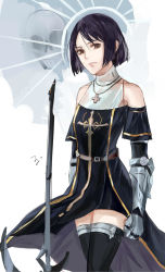 Rule 34 | 00s, absurdres, bare shoulders, black dress, black hair, brown eyes, cross, dress, dungeon and fighter, female priest (dungeon and fighter), gauntlets, highres, hoh542, short hair, solo