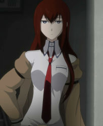 Rule 34 | 1girl, arm strap, belt, brown hair, coat, dress shirt, female focus, hair between eyes, hand on own hip, highres, indoors, long hair, long image, long sleeves, looking at viewer, makise kurisu, necktie, off shoulder, open clothes, open coat, pocket, purple eyes, screencap, serious, shirt, solo, standing, steins;gate, stitched, tall image, third-party edit, trench coat, turtleneck, upper body, wall, white shirt
