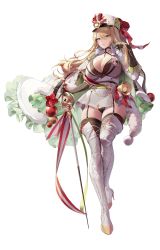Rule 34 | 1girl, bell, black gloves, blonde hair, bodystocking, breasts, cane, cane sword, choyeon, christmas ornaments, cleavage, concealed weapon, destiny child, garter straps, gloves, green eyes, hand in own hair, hat, highres, holding, holding weapon, image sample, jingle bell, large breasts, long hair, medal, military, military hat, military uniform, ribbon, sword cane, thighhighs, twitter sample, uniform, weapon, white footwear