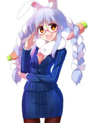 Rule 34 | 1girl, animal ear fluff, animal ears, blue hair, blue skirt, braid, brown pantyhose, carrot hair ornament, clothing request, commentary request, food-themed hair ornament, glasses, hair ornament, hand up, highres, hololive, long hair, long sleeves, looking at viewer, multicolored hair, necktie, open mouth, orange eyes, orange necktie, pantyhose, rabbit ears, sagamihara sakyou, simple background, skirt, smile, solo, standing, thick eyebrows, twin braids, two-tone hair, usada pekora, virtual youtuber, white background, white hair