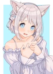 07nono06 1girl absurdres animal_ear_fluff animal_ears bare_shoulders blue_background blue_eyes blue_ribbon blush border breasts cat_ears collarbone dress fake_animal_ears frilled_dress frills furrowed_brow gakuen_idolmaster grey_hair half_up_braid hands_up highres idolmaster katsuragi_lilja long_sleeves looking_at_viewer medium_breasts off-shoulder_dress off_shoulder open_mouth outside_border ribbon ribbon_braid short_hair shy simple_background solo upper_body wavy_mouth white_border white_dress