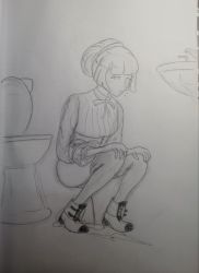 Rule 34 | 1girl, bathroom, biondi431, blush, boots, bottomless, bow, bowtie, breasts, carcano m91/38 (girls&#039; frontline), girls&#039; frontline, hair ribbon, hands on own knees, long sleeves, looking down, monochrome, peeing, ponytail, puddle, ribbon, shirt, short hair, sink, sketch, small breasts, squatting, thighhighs, toilet