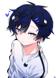 Rule 34 | black hair, blue eyes, closed mouth, collarbone, commentary, copyright request, earrings, grey eyes, hair between eyes, hair ornament, hairclip, heart, highres, jewelry, long sleeves, looking at viewer, shirt, simple background, tosyeo, upper body, white background, white shirt, x hair ornament