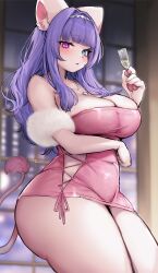 Rule 34 | 1girl, absurdres, animal ear fluff, animal ears, animal nose, blue eyes, blurry, blurry background, body fur, breasts, champagne flute, cleavage, commentary request, cup, dress, drinking glass, fur trim, furry, furry female, heterochromia, highres, holding, holding cup, indoors, jewelry, large breasts, long hair, looking at viewer, necklace, original, pink dress, purple eyes, purple hair, solo, suurin (ksyaro), tail, thick thighs, thighs, twitter username, white fur, window