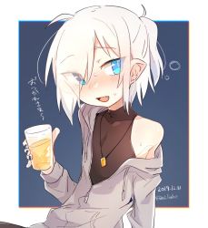 Rule 34 | 1girl, alcohol, azuma shino, beer, black shirt, blouse, blue background, blue eyes, blush, cup, dated, drinking glass, drunk, female focus, flat chest, hair over one eye, hood, hoodie, jewelry, nail polish, necklace, nowareno (azuma shino), original, pointy ears, shirt, simple background, sleeveless, solo, twitter username, white hair