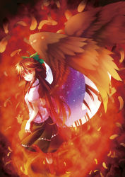 Rule 34 | 1girl, absurdres, cape, feathers, female focus, fire, hair ribbon, highres, long hair, myaaco, red eyes, reiuji utsuho, ribbon, solo, touhou, wings