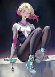 Rule 34 | 1girl, ass, blonde hair, blue eyes, blush, breasts, cellphone, full body, gradient hair, gwen stacy, highres, large breasts, leggings, lips, looking at viewer, marvel, miles morales, multicolored hair, open mouth, phone, piercing, pink hair, serafleur, shoe soles, shoes, sitting, sneakers, spider-man: into the spider-verse, spider-man (series), spider-verse