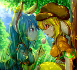 Rule 34 | 2girls, absurdres, animal ears, blonde hair, blue hair, crop top, dango, dappled sunlight, day, dior-zi, earclip, eye contact, floppy ears, food, grass, hat, heads together, highres, long hair, looking at another, low-tied long hair, multiple girls, orange shirt, outdoors, rabbit ears, red eyes, ringo (touhou), seiran (touhou), shirt, sitting, skewer, sky, smile, sunlight, tears, touhou, transparent, tree, under tree, wagashi, yuri
